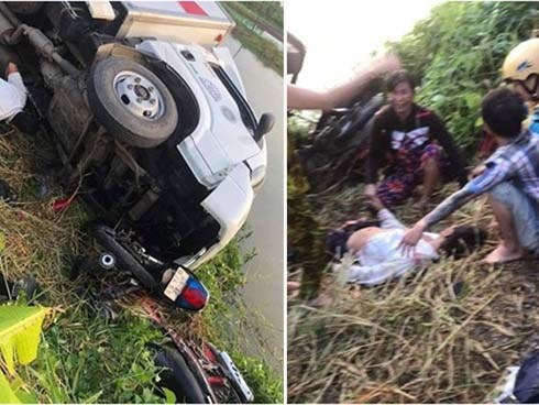 Xe tải tông 4 người trong đó có 2 nam sinh văng xuống sông, người thân gào khóc nức nở tại hiện trường