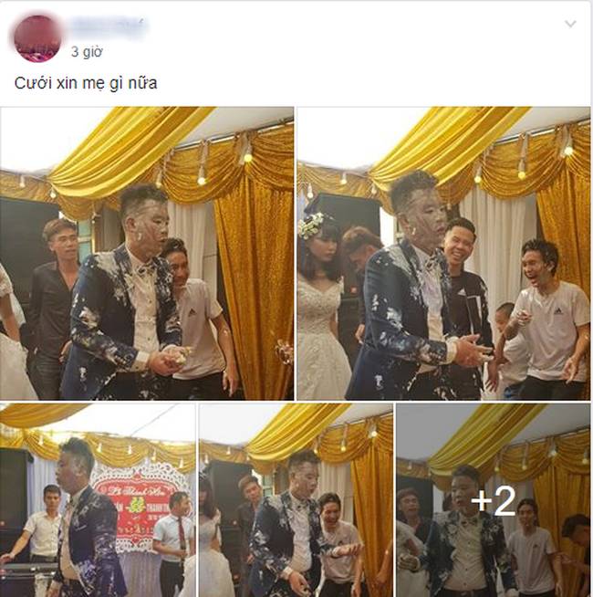 Ngày cưới, cô dâu buồn thiu còn chú rể thất thần sau khi bị hội bạn thân úp nguyên cái bánh gato vào người-1