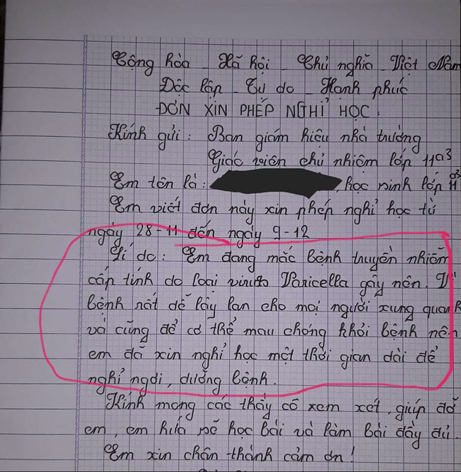 Viết đơn xin nghỉ học, cô bạn khiến giáo viên cười chảy nước mắt: Bị thủy đậu mà làm quá như mắc bệnh hiểm nghèo-1