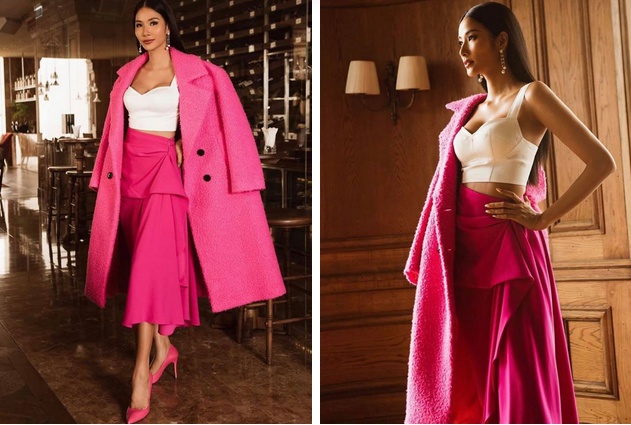 Hoàng Thùy diện đồ màu hồng chóe ngày đầu thi Miss Universe 2019, lấy hên bằng cách diện lại áo của HHen Niê-2