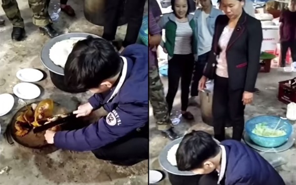 Hình ảnh có 1-0-2 khi chàng rể lần đầu trổ tài chặt thịt gà nhưng 4 bề xung quanh lại bị bố mẹ, cô, dì, thím bên vợ kè kè giám sát đến thương-1