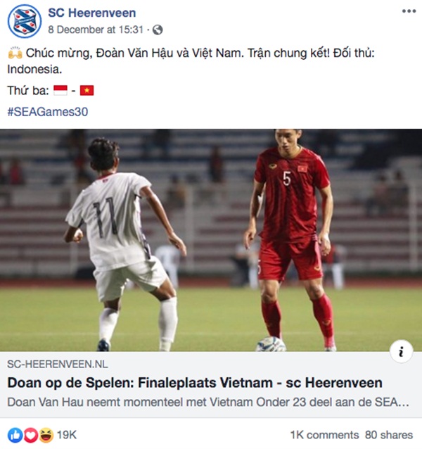 Góc tự hào: CLB của Đoàn Văn Hậu ở Hà Lan gửi lời chúc mừng U22 Việt Nam giành chiến thắng tại SEA Games 30 bằng tiếng Việt: Vô địch! Chúc mừng!-2
