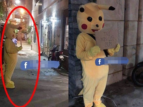 Chồng mặc bộ đồ Pikachu, cầm biển xin vào nhà nhưng vẫn bị vợ đóng chặt cửa, dân mạng nhanh chóng chỉ ra thiếu sót