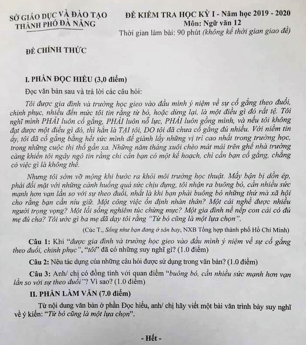 Đề thi văn Từ bỏ cũng là một lựa chọn của TP Đà Nẵng gây tranh cãi: Người khen hay, người chê tiêu cực-1