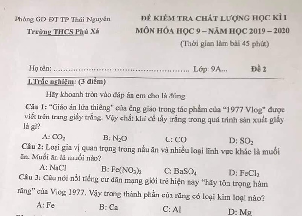 Một trường THCS ở Thái Nguyên mang hiện tượng 1977 vlog vào đề thi môn... Hóa học gây tranh cãi-2