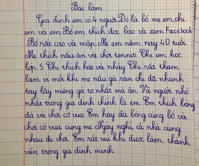 Văn tả thực của học sinh lớp 2: Gia môn hỗn loạn vì chị gái tham lam cướp gà rán, bố chỉ thích xem facebook, riêng câu kết thì cực đắt-1