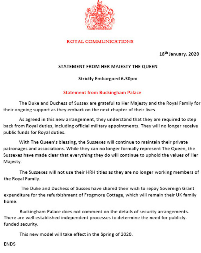 HOT: Vợ chồng Meghan Markle từ bỏ danh hiệu hoàng gia, Nữ hoàng Anh nói lời cảm ơn cặp đôi trong thông báo mới nhất-1