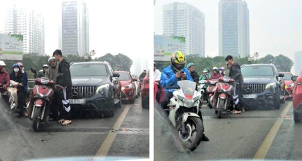 Xe ôtô tiền tỷ của Duy Mạnh và Quỳnh Anh va quệt với xe máy trên cầu vượt ở Hà Nội-1
