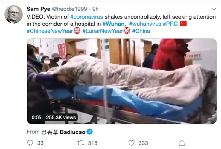 Tiếp tục một đoạn clip được cho là hình ảnh bệnh nhân bị viêm phổi Vũ Hán rung bần bật trên cáng khiến mọi người xung quanh lo sợ-1