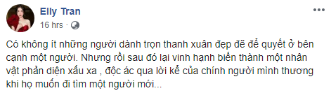 Sau nghi vấn bị chồng Tây cắm sừng, Elly Trần tiếp tục chia sẻ ẩn ý việc bản thân bỗng dưng biến thành kẻ ác qua lời nói của người cũ-1