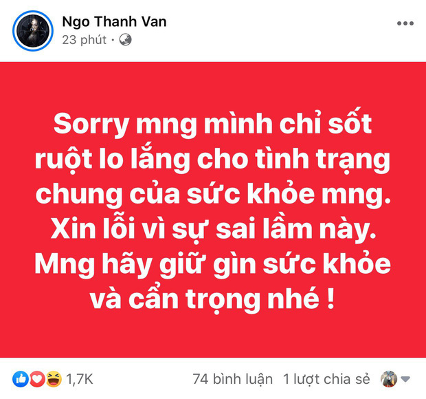 Sau Ngô Thanh Vân, NSND Hoàng Dũng cũng chính thức lên tiếng xin lỗi khi đưa tin sai về dịch cúm Corona-5