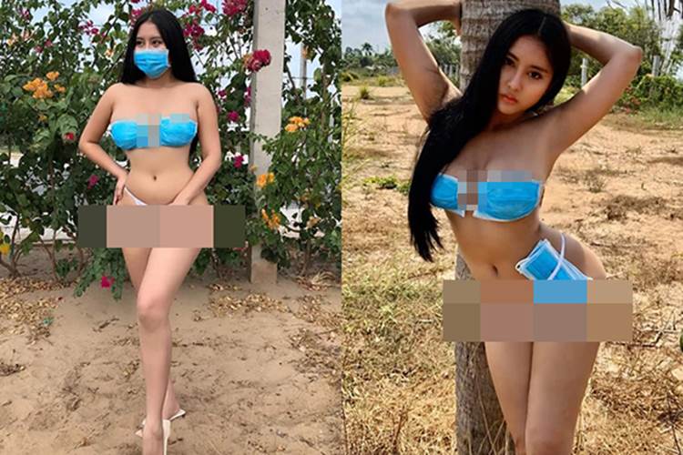 Lấy khẩu trang làm bikini che vòng 1 lẫn vòng 3 giữa đại dịch corona, mẫu nữ gốc An Giang bị chỉ trích gay gắt-1