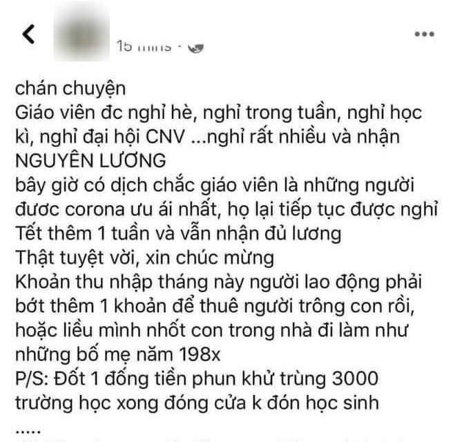 Phụ huynh than trường cho nghỉ học phòng dịch corona thì giáo viên được lợi vì vẫn nguyên lương khiến dân mạng phản đối gay gắt-1