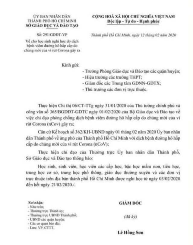 Mạng xã hội xuất hiện công văn giả cho học sinh TPHCM nghỉ học đến hết ngày 21/2-1
