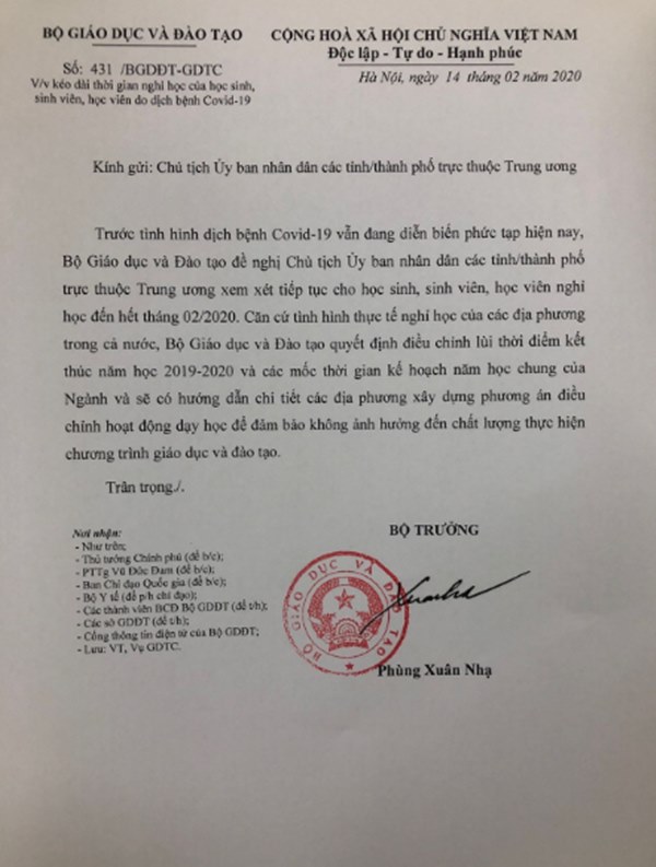 Bộ GD&ĐT đề nghị kéo dài thời gian nghỉ học cho học sinh, sinh viên cả nước đến hết tháng 2-1