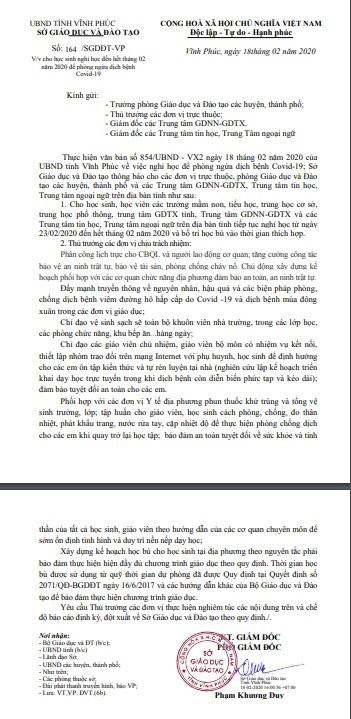 Vĩnh Phúc ra thông báo cho học sinh nghỉ học lần thứ 4 đến hết tháng 2-1