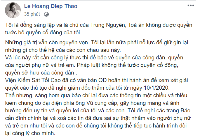 Bị Trung Nguyên tuyên bố” không còn là cổ đông, bà Lê Hoàng Diệp Thảo nói gì?-1