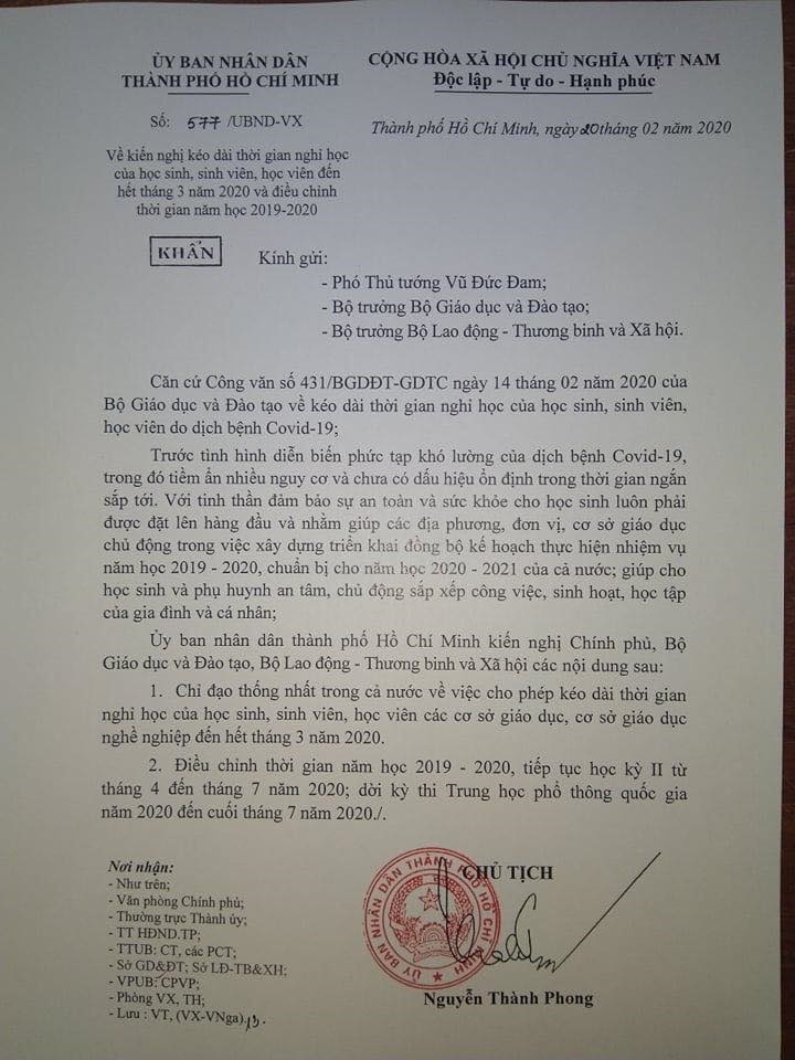 TP HCM chính thức kiến nghị cho học sinh nghỉ học đến hết tháng 3-1