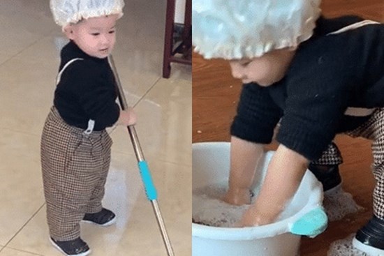 Hình ảnh bé trai 2 tuổi chăm chỉ làm việc nhà đốn tim cư dân mạng, đặc biệt hơn là thái độ trong lúc làm việc