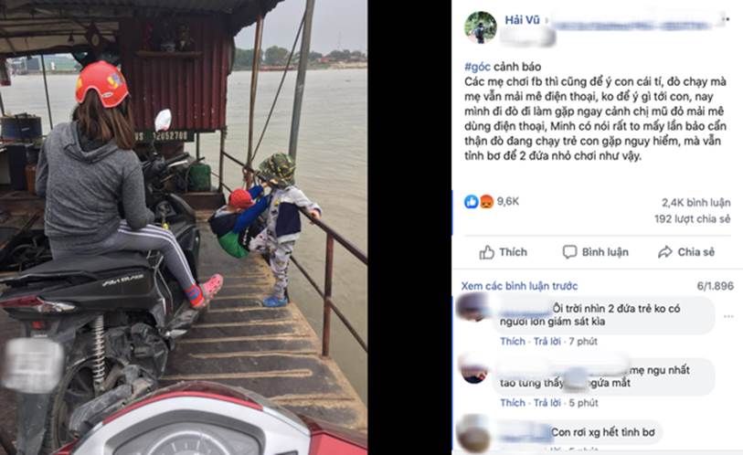 Hình ảnh gây phẫn nộ: Mẹ trẻ mải xem điện thoại, vô tâm khi 2 con nhỏ đang chơi bên lan can đò đầy nguy hiểm-1