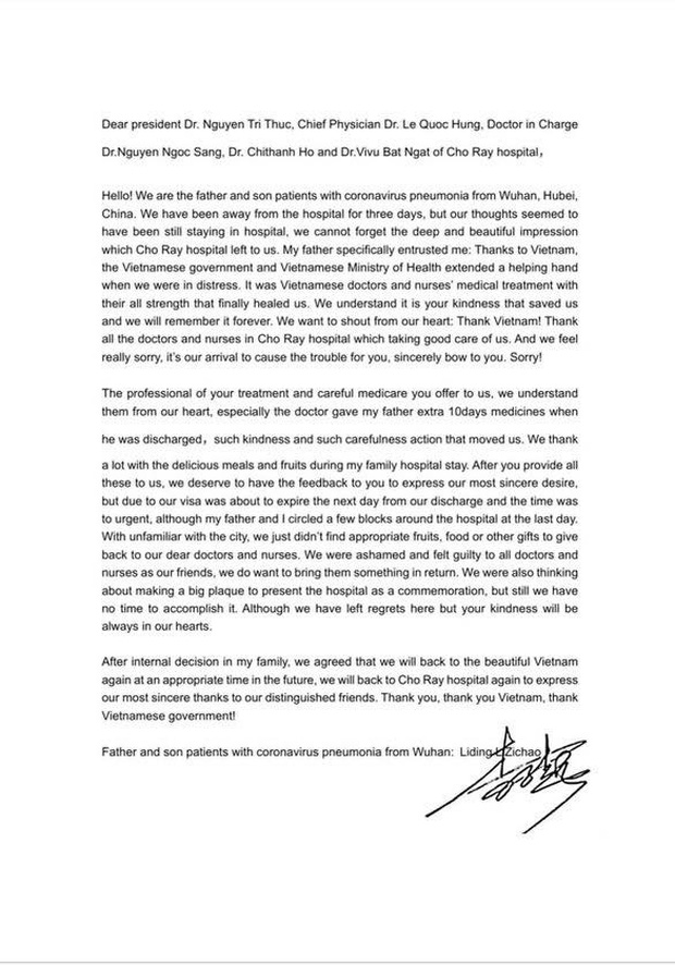 Xúc động bức thư 2 cha con người Trung Quốc nhiễm Covid-19 gửi bệnh viện Chợ Rẫy khi về nước-6
