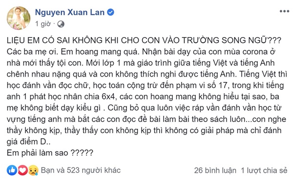 Siêu mẫu Xuân Lan hoang mang liệu có sai khi cho con vào trường song ngữ: Mới lớp 1 đã không theo kịp chương trình-1