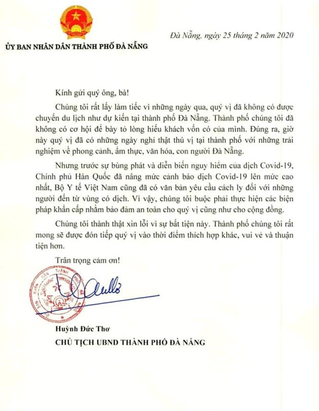 Chủ tịch Đà Nẵng viết tâm thư xin lỗi nhóm du khách đến từ tâm dịch Hàn Quốc-2