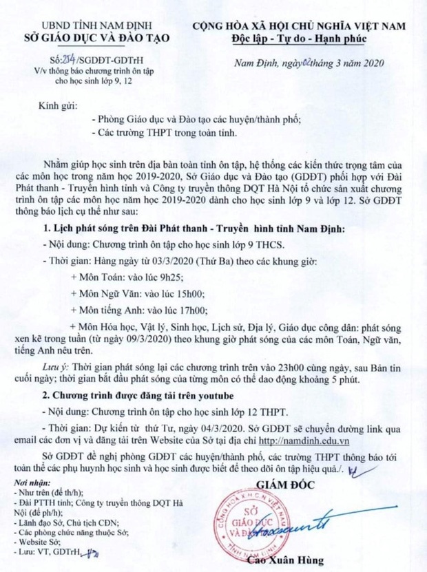 Nam Định phát sóng ôn thi vào lớp 9 và lớp 12 trên truyền hình, Youtube trong thời gian nghỉ vì dịch Covid-19-2