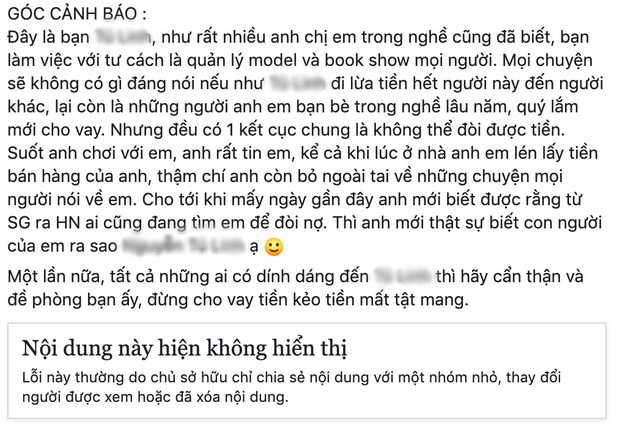 Biến showbiz: Xuất hiện con nợ là bầu book show giới người mẫu, tổng số tiền quỵt lên đến hàng trăm triệu?-1