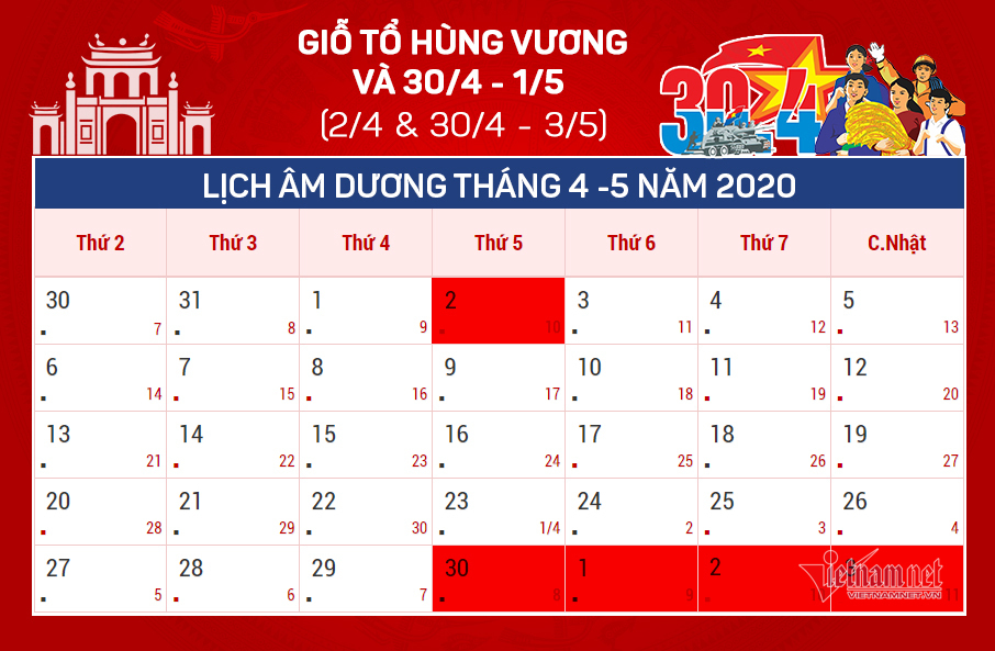 Lịch nghỉ lễ Giỗ tổ Hùng Vương và 30/4 - 1/5-1