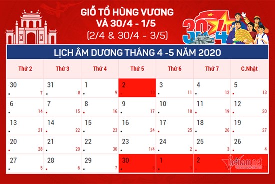 Lịch nghỉ lễ Giỗ tổ Hùng Vương và 30/4 - 1/5