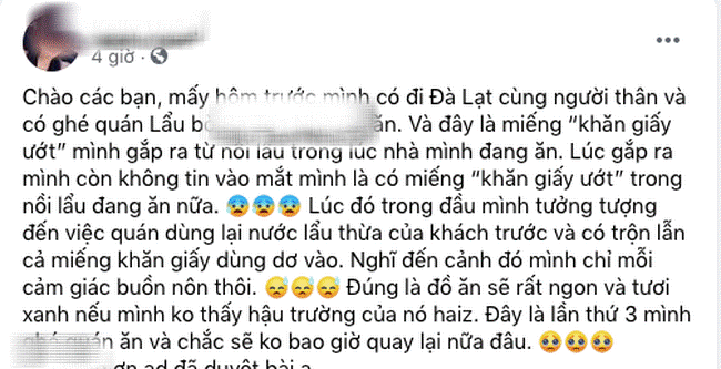 Đi ăn nhà hàng, cô gái hãi hùng khi gắp phải miếng... khăn giấy ướt vớt ra từ nồi lẩu-1
