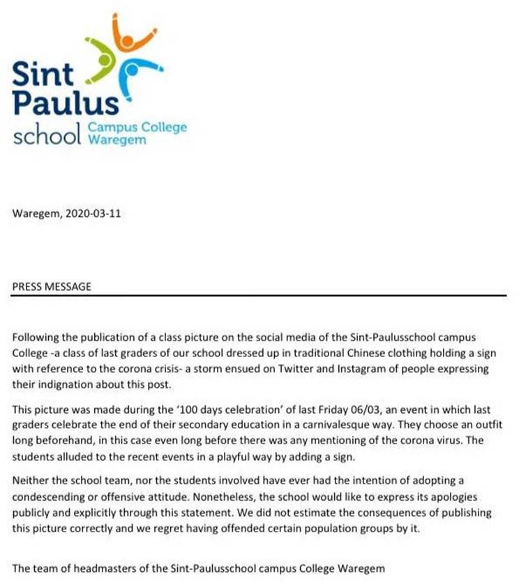 Trường học Bỉ xin lỗi vì bức ảnh đội nón lá, giơ biển virus corona-2