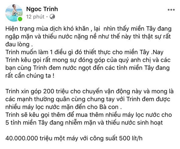 Ngọc Trinh lập quỹ góp được 544 triệu, cử đại diện trực tiếp tới miền Tây tặng máy lọc nước cho bà con vượt hạn và mặn-2