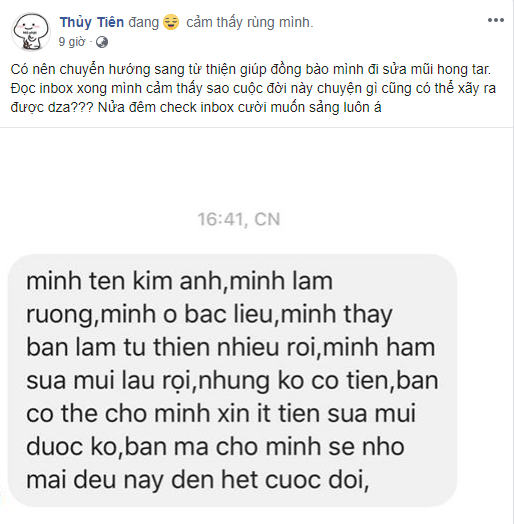 Thủy Tiên cười muốn sảng lúc nửa đêm vì có người xin tiền từ thiện để... sửa mũi-1