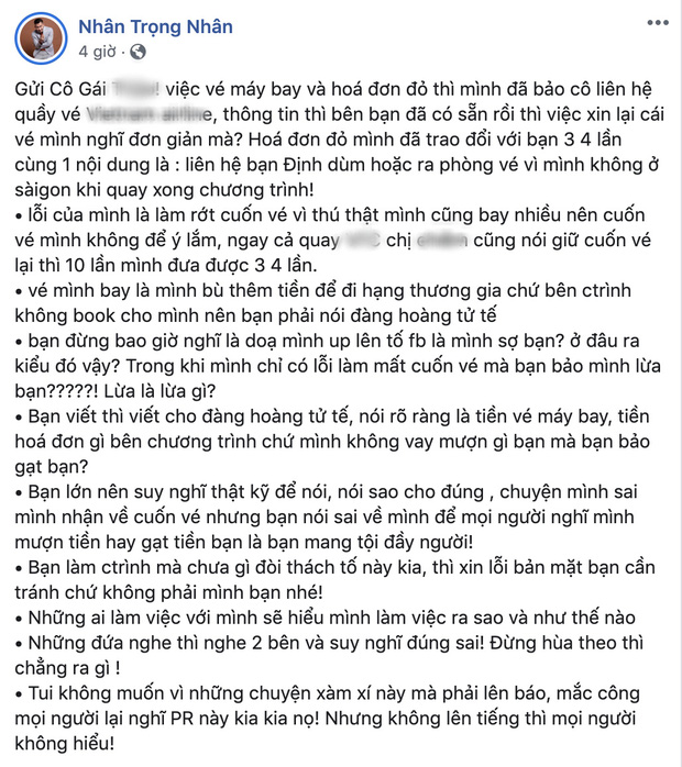 Trọng Nhân bị tố quỵt 7 triệu tiền vé máy bay và lời đáp trả Muốn ăn tiền còn giở trò mèo khóc chuột-3