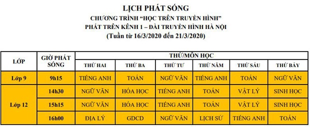 Lịch phát sóng chi tiết chương trình học online dành cho học sinh tất cả các cấp tại Hà Nội-1