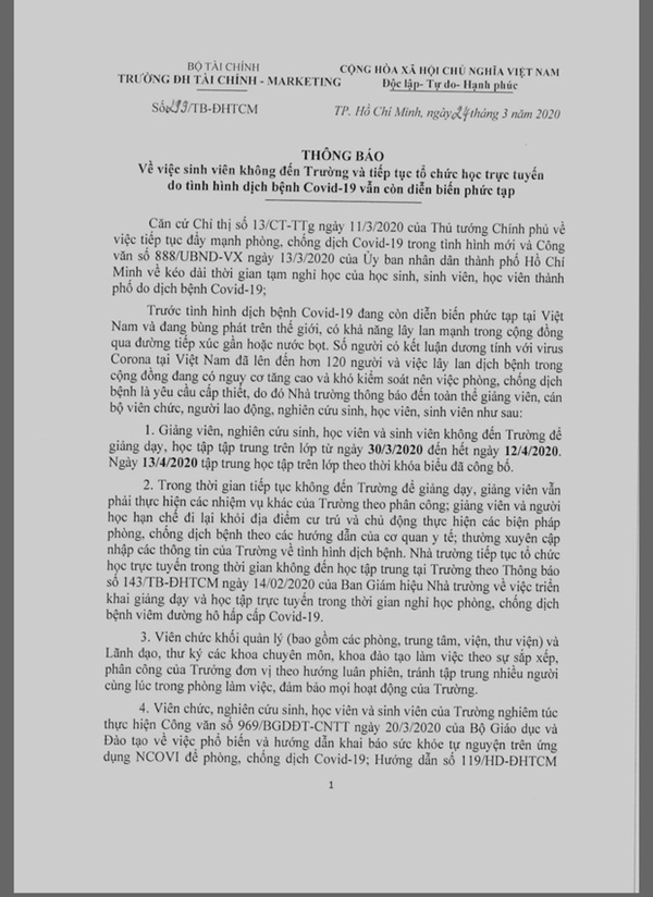 Trường ĐH gửi thông báo khẩn cho sinh viên tiếp tục nghỉ đến hết 12/4-1