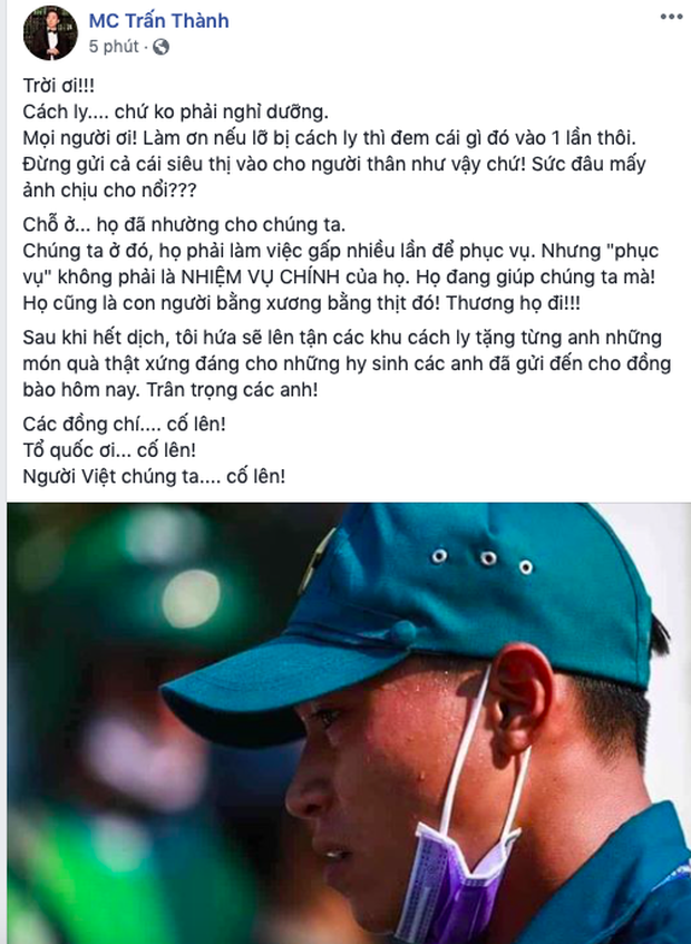 Trấn Thành lên tiếng về chuyện tiếp tế ở khu cách ly: Thương chiến sĩ chút đi, đi cách ly chứ không phải nghỉ dưỡng!-1