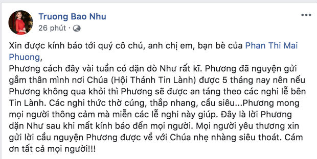 Bạn thân chia sẻ di nguyện của Mai Phương trước khi qua đời: Đã dặn dò chu đáo chuyện hậu sự từ vài tuần trước!-1