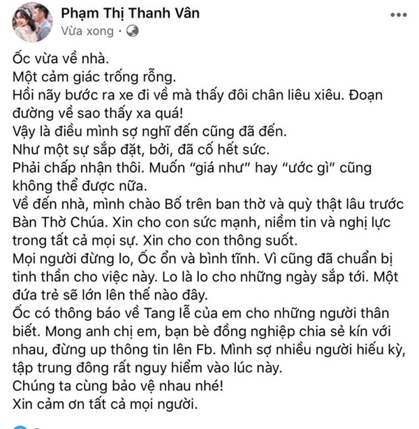 Ốc Thanh Vân chính thức lên tiếng sau khi Mai Phương qua đời: Đứng không vững lúc hay tin, hé lộ thông tin hiếm về tang lễ-1