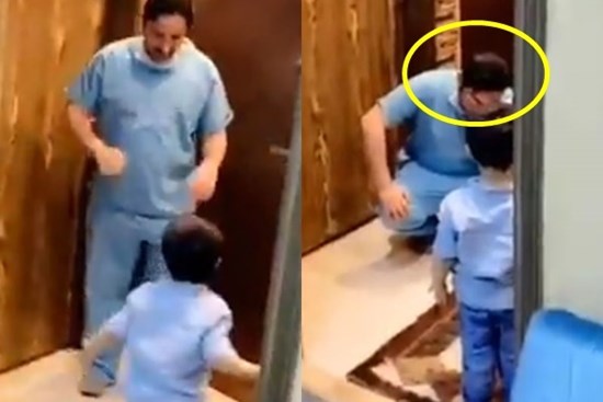Hình ảnh vị bác sĩ ngồi sụp xuống, ôm mặt khóc nức nở khi không thể ôm con trai vào lòng vì sợ lây nhiễm Covid-19 từ bệnh viện 