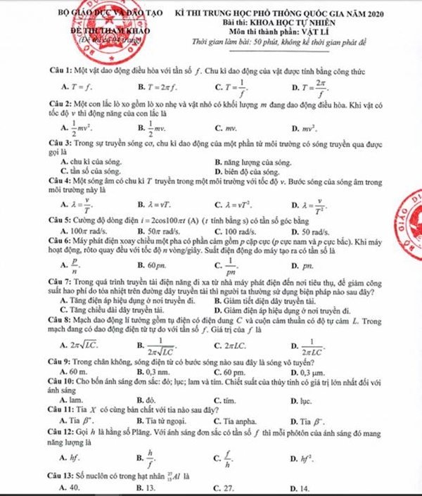 Đề thi minh họa THPT Quốc gia 2020 Môn Vật lý-1