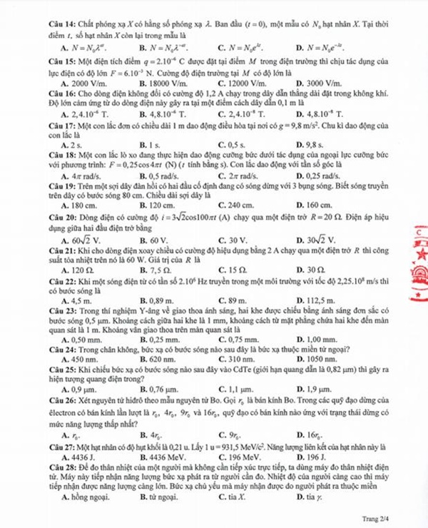 Đề thi minh họa THPT Quốc gia 2020 Môn Vật lý-2
