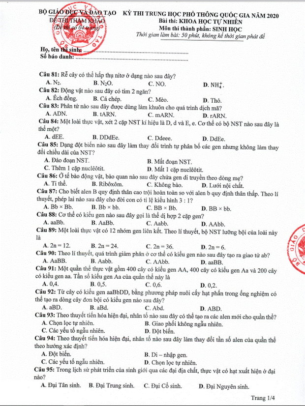 Đề thi minh họa THPT Quốc gia năm 2020 Môn Sinh học-1