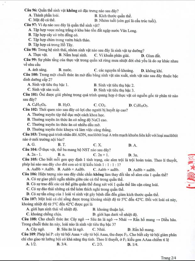 Đề thi minh họa THPT Quốc gia năm 2020 Môn Sinh học-2