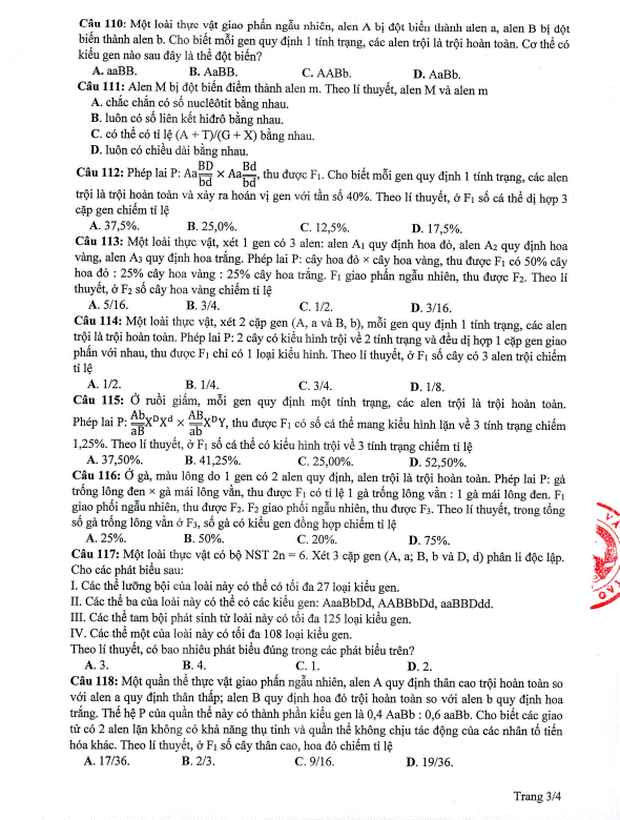 Đề thi minh họa THPT Quốc gia năm 2020 Môn Sinh học-3