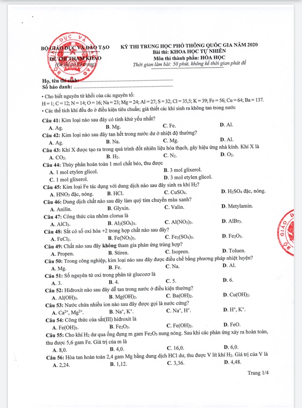 Đề thi minh hoạ THPT Quốc gia năm 2020 Môn Hoá học-1