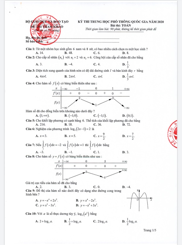 Đề thi minh hoạ THPT Quốc gia năm 2020 Môn Toán-1