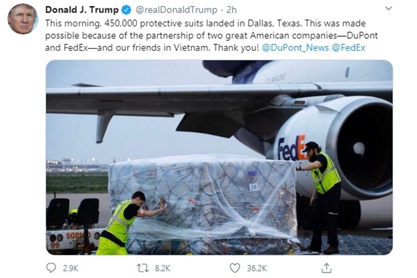 Tổng thống Trump cùng đại diện nước Ý lần lượt đăng lời cảm ơn Việt Nam trên Twitter vì giúp chống dịch Covid-19-1